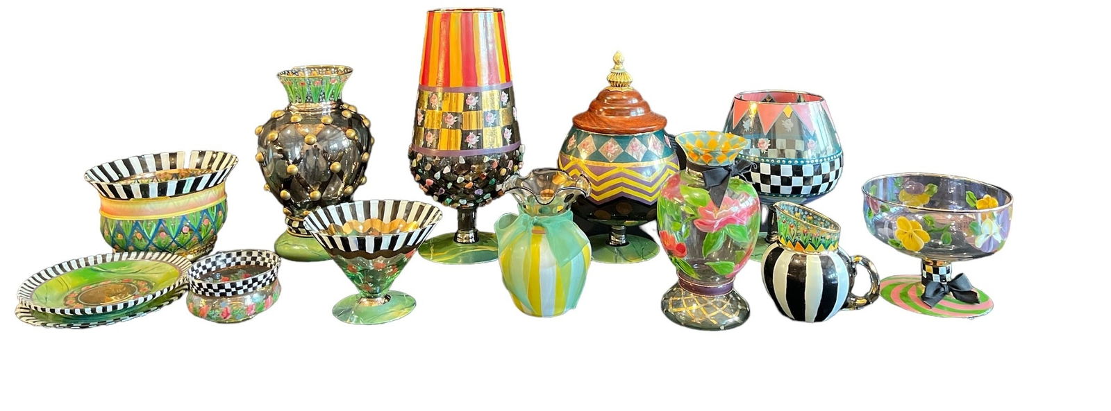 Large Collection MACKENZIE CHILDS Hand Painted Glassware Articles Assortment (1 of 11)