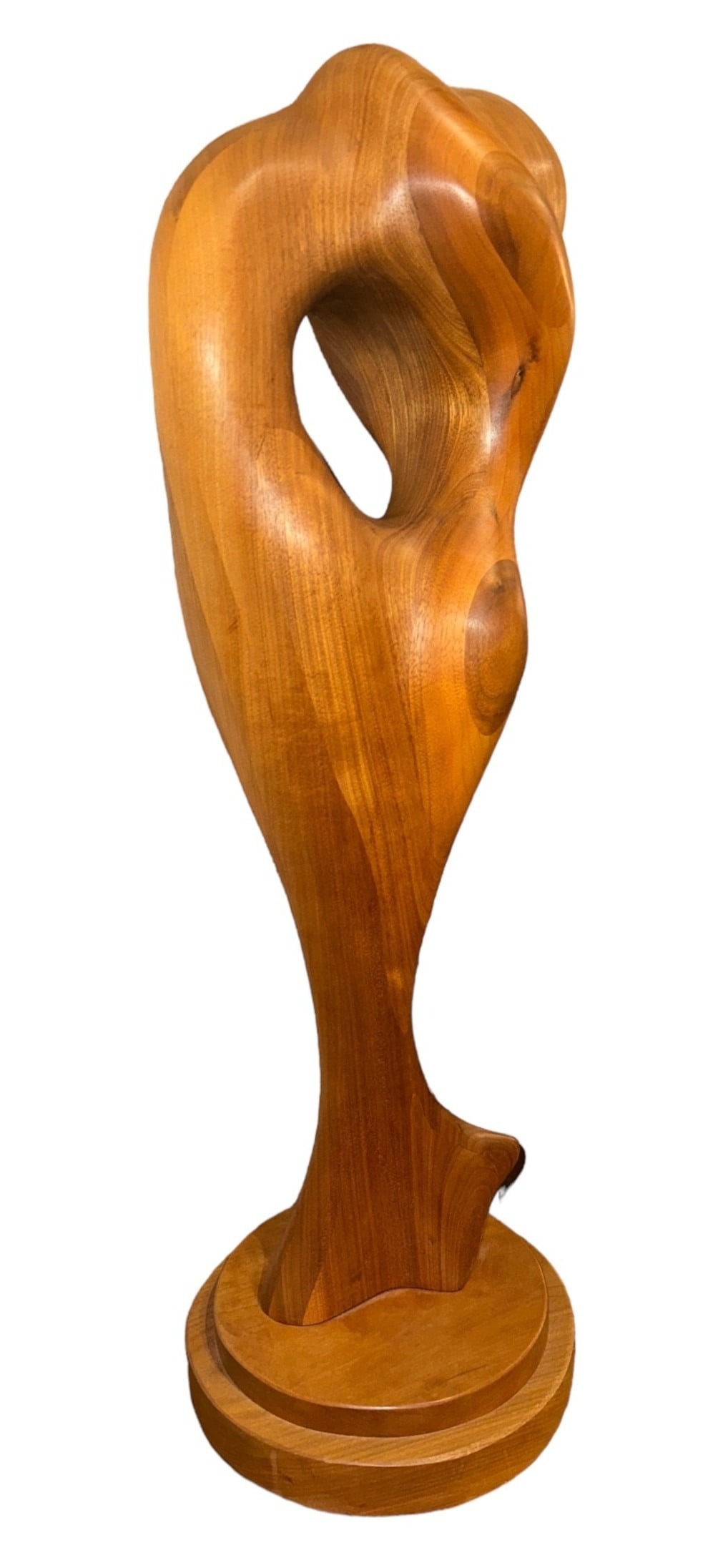 Mid Century Biomorphic Wood Sculpture: 29" H x 9" base diameter, sculpture is 8" wide x 5.5" D , signed PO & dated '81?