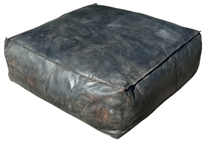 Oversized Mid Century Black Leather Ottoman Pouf