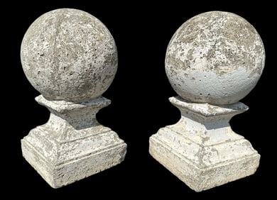 Antique Architectural Concrete Round Ball Finials, Pair