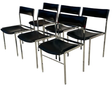 Mid Century Italian Chrome & Leather Stacking Dining Chairs, Set of 6