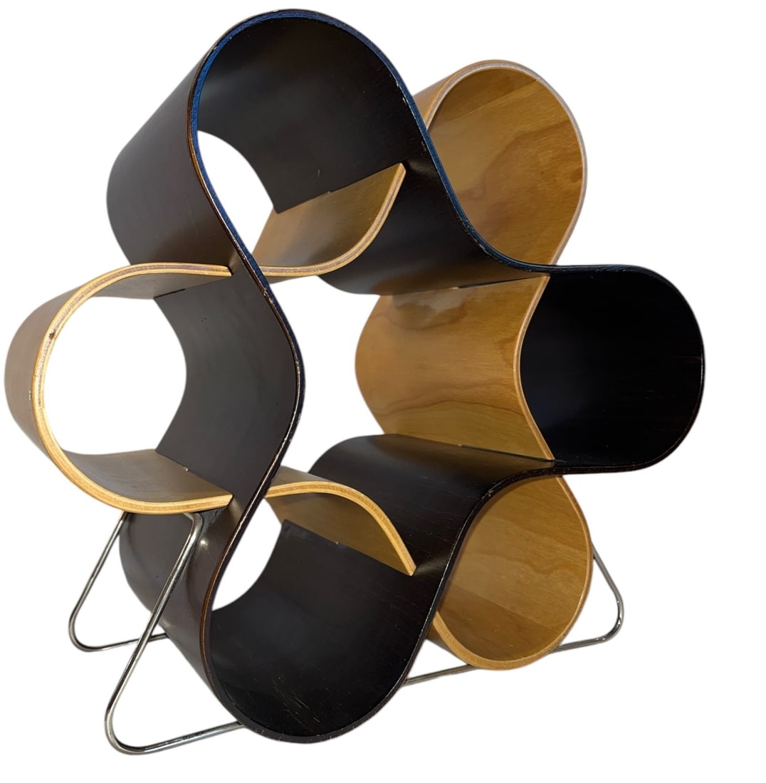 Modernist Sculptural Bentwood & Walnut Wine Rack: 12" H x 13" W x 8" D.