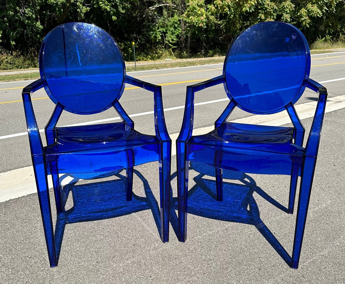 After PHILIPPE STARCK Royal Blue Ghost Chairs, Pair: Both are 36.5" H to the back, 18" H to the seat, 21" W x 19" D.