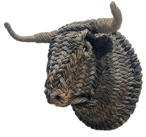 Mid Century Wicker Bull Head Wall Sculpture