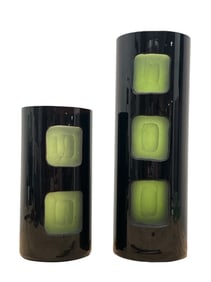 Two Mid Century Black and Green Hand Blown Glass Vases