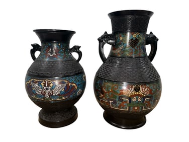 Japanese Champleve Bronze Vases With Bird Handles, Near Pair