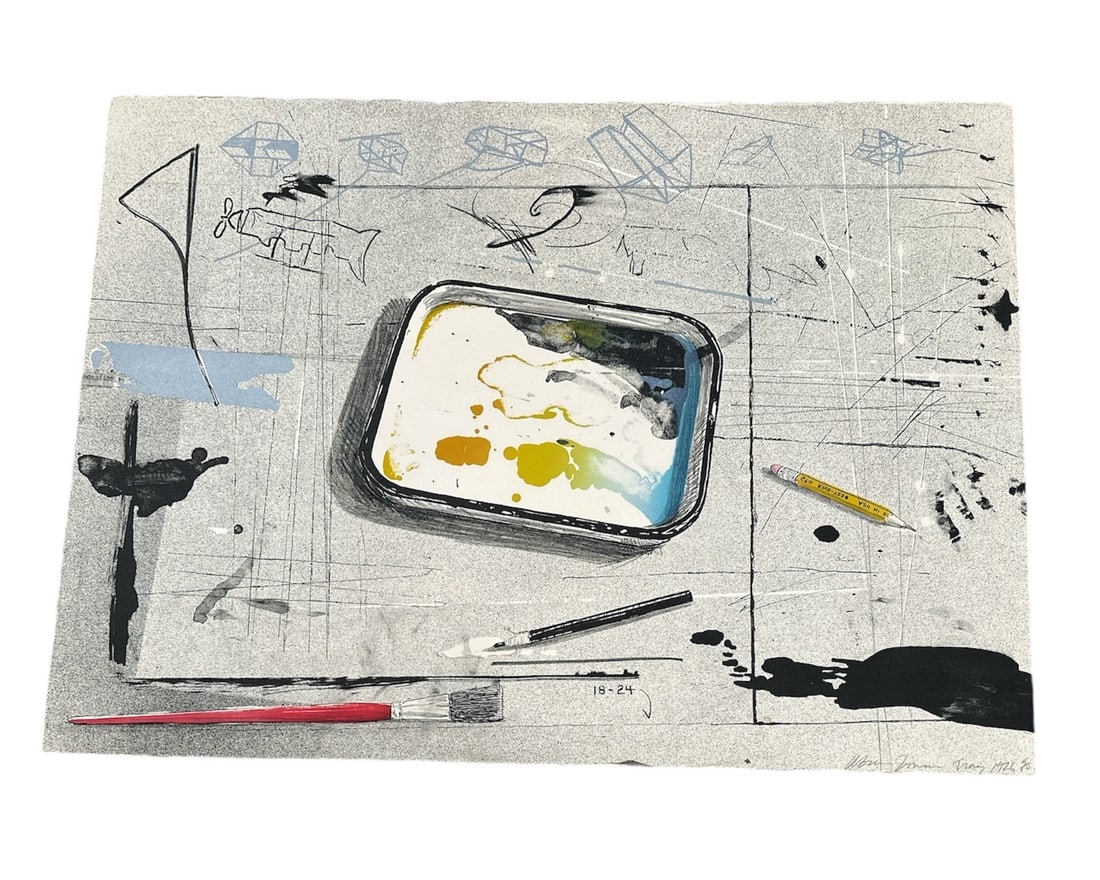 Titled Mix Media Abstract on Paper, "The Tray": In the style of JAMES COIGNARD, has an indecipherable signature but is dated 1976 5/10 , 22.25 H x 30" W.