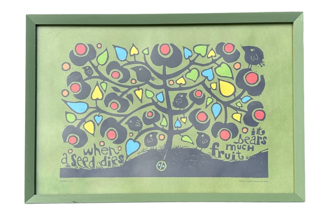 MEINRAD CRAIGHEAD Mid Century Woodcut in Frame: 15" H x 22" W , Mid Century w Bible Verse, woodcut with painted embellishment.