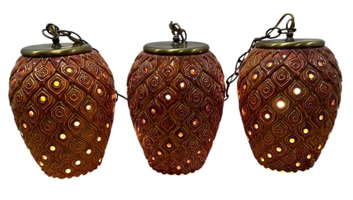 Three Mid Century Ceramic Tiki Pineapple Swag Lamps