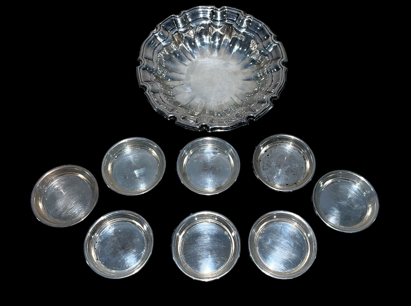 Vintage Sterling Silver Salt Dishes and Pleated Bowl (1 of 4)