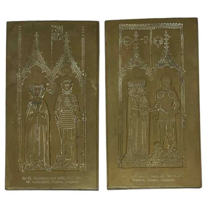 Two Vintage Brass Overlay Souvenirs of Sir Halsham, Baron Camoys: Both measure 12" H x 6.25" W x .5" D.