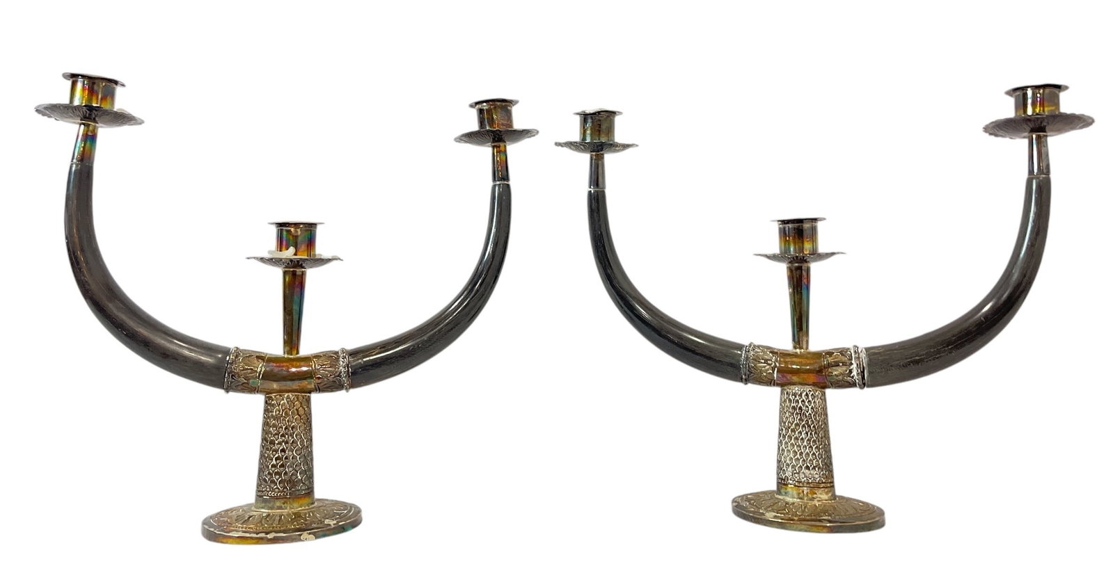 Pair of Malaysian Silver and Horn Candelabras: 10.5" H x 11.5" W x 3" D.