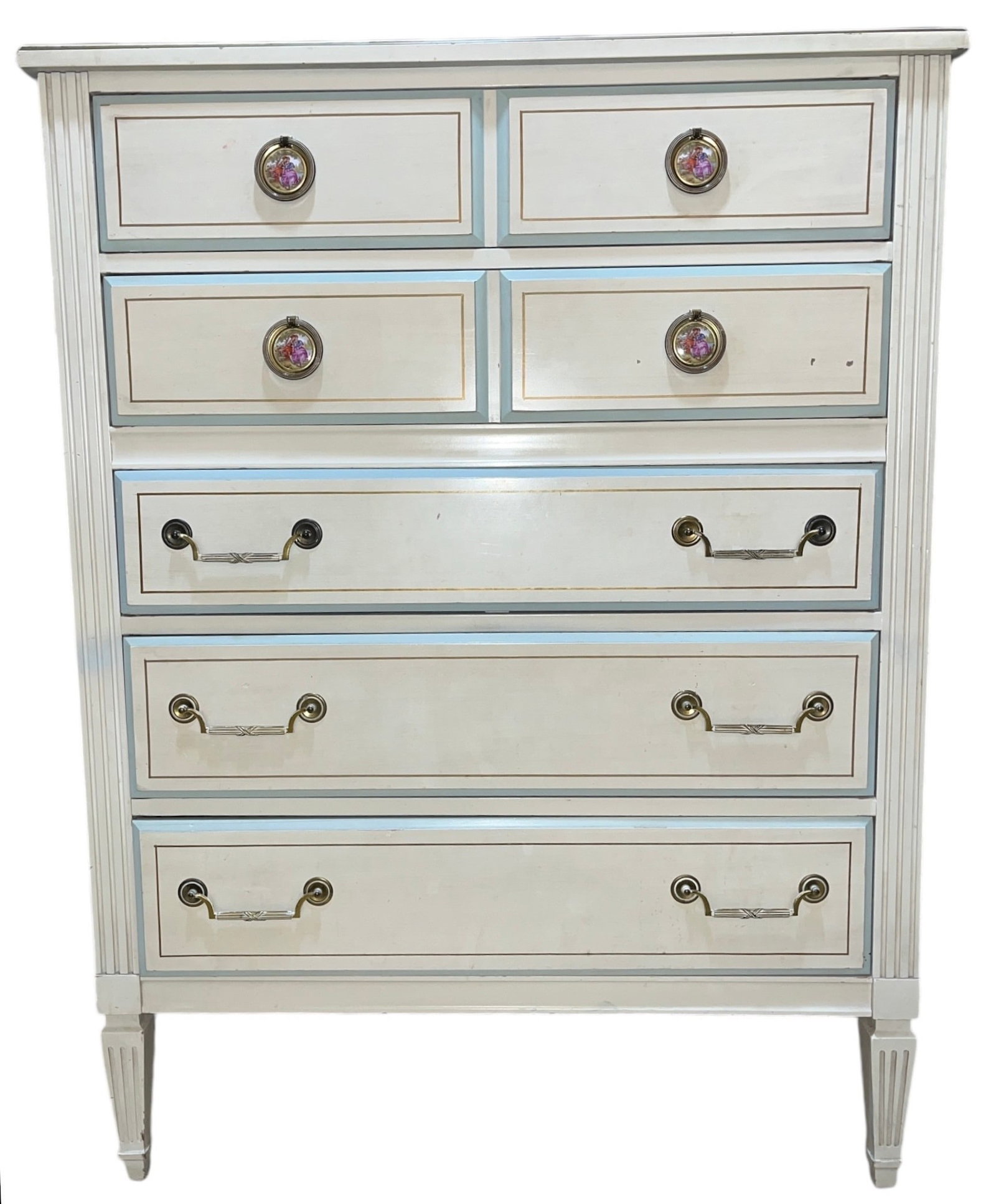 French White & Blue Highboy Dresser: 48" H x 36" W x 19" D.