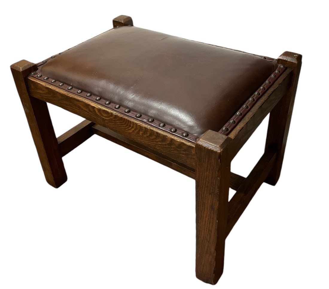 Mission Oak and Leather Nailhead Trim Footstool: 14.5" H x 21" W x 15" D.