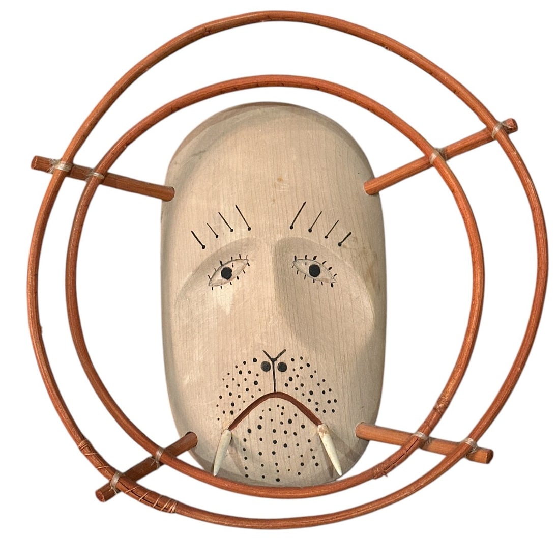 Nunivak Island Carved Wood Walrus Mask: 10" DIA x 3" D.