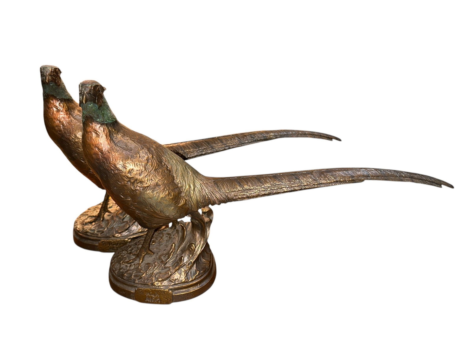 DICK IDOL "High Alert" Pheasant Sculptures, Pair: 13" H x 21" L x 5" D.