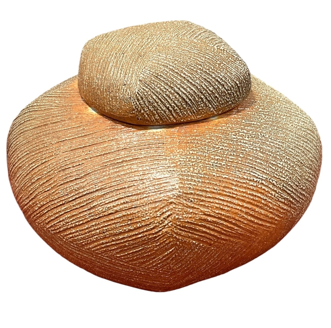 Mid Century Brushed Ceramic Urn: 8" H x 11" W x 11" D.