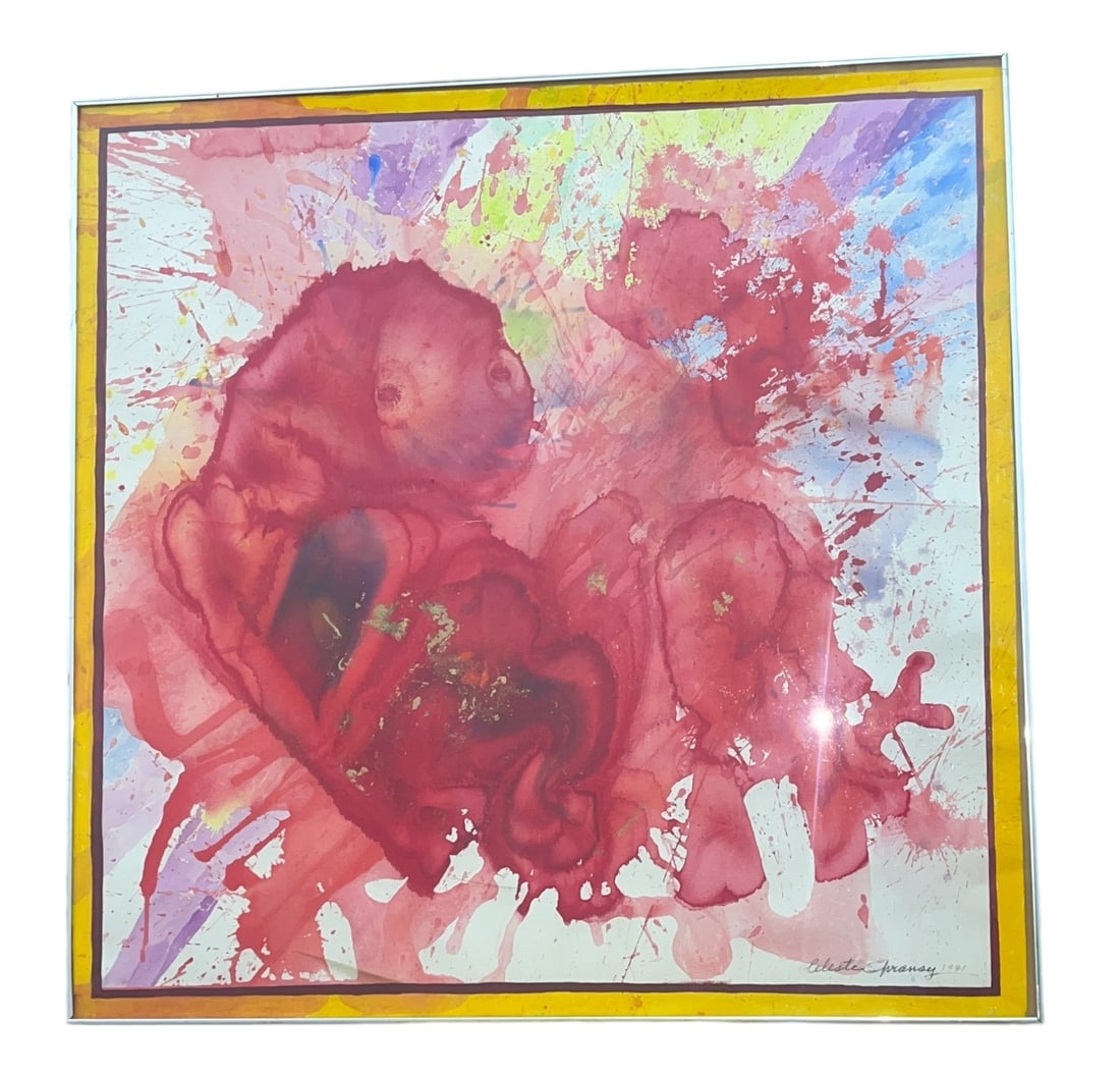 Large Abstract Watercolor Signed CELESTE SHRANSY: 37.25" H x 38" W. Signed and dated 1991 in the bottom right corner.