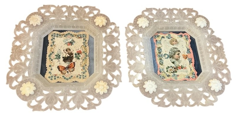 Pair Ornately Carved White Jade Frames: Both are 12.5" H x 11.5" W.