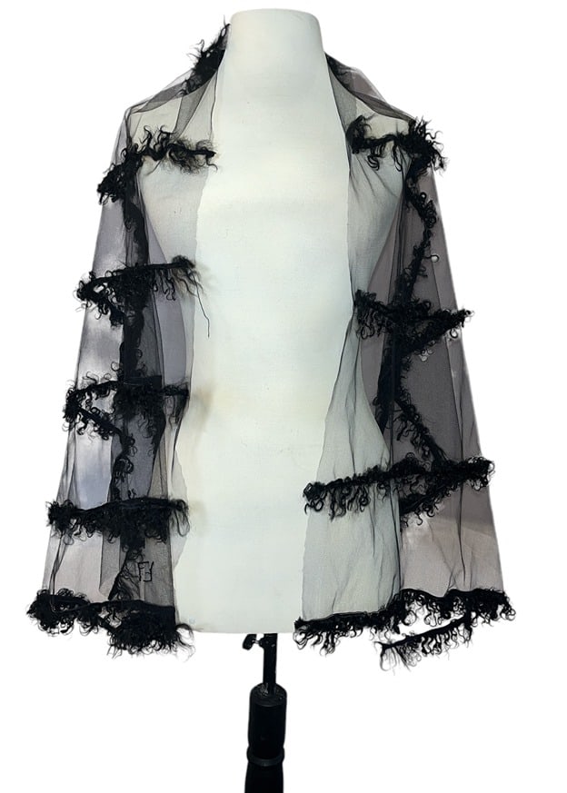 Couture Fur and Mesh Scarf: Features a stitched logo in the style of Fendi. Measures 22" x 59".