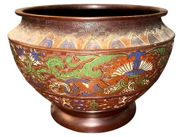 An Antique Asian Bronze Champleve Enamel Jardiniere: 7.75" x 11" DIA.
