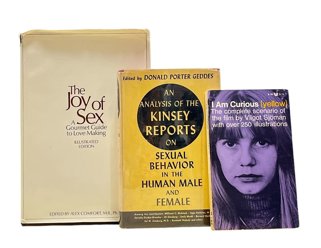 Three Mid Century Sex Books, The Joy of Sex: The Joy of Sex book measures 10.5" x 7.5" an is the largest.
