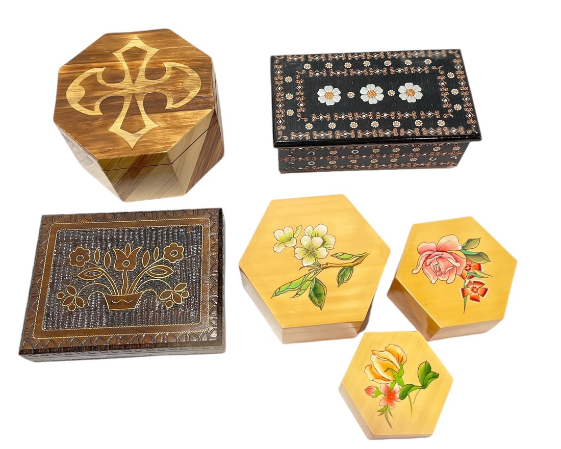 Collection Carved Wood and Inlaid Jewelry Trinket Boxes: Largest box is 3" H x 7" W x 4" D. The light wood box is a nesting set- please see photos.