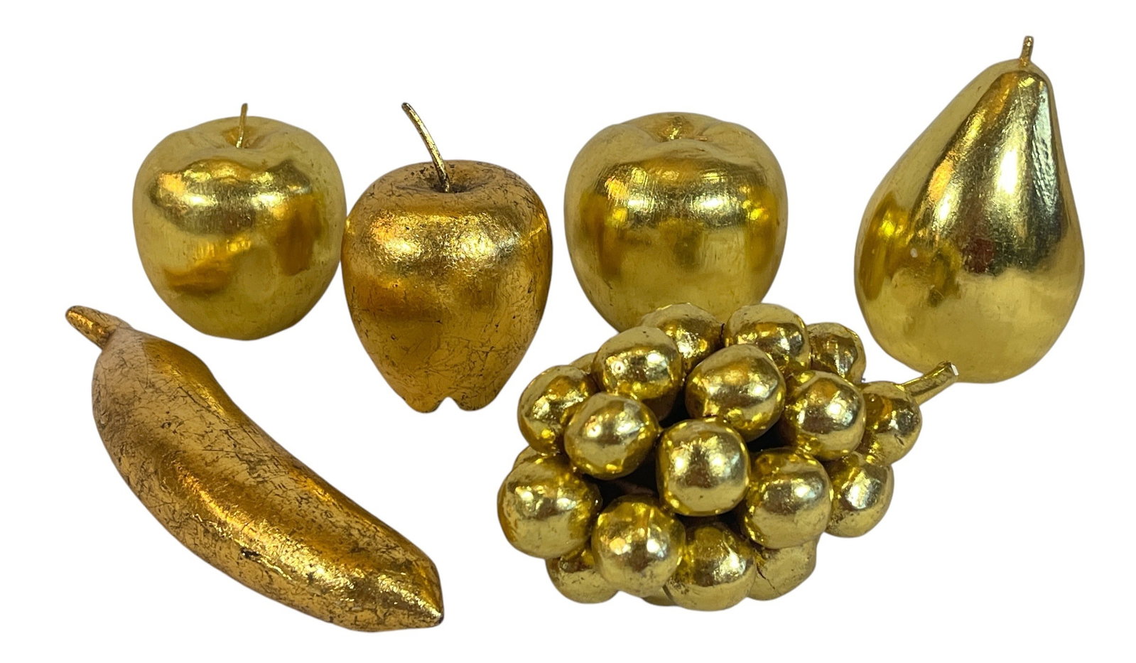 Hollywood Regency Era Gold Tone Fruit: Banana is 8" long and is the largest piece. These are likely made out of a light composite material and painted over.