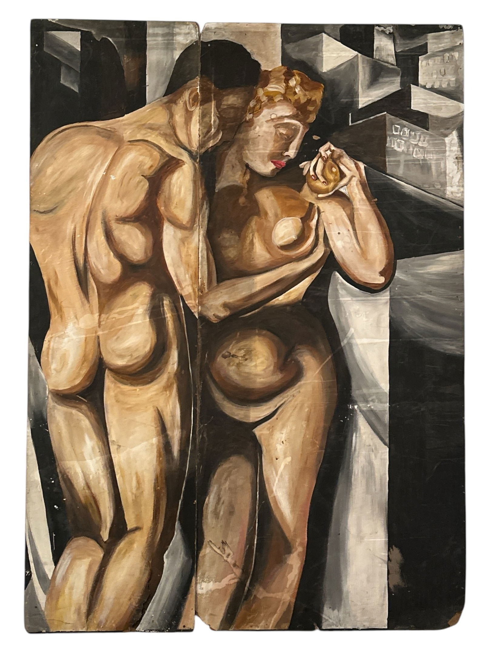 Art Deco Lovers Wall Mural In The Style Of TAMARA DE LEMPICKA: Early 20th century acrylic on board work made in the manner of artist Tamara De Lempicka. Comes in 2 pieces. 86" H x 56" W.
