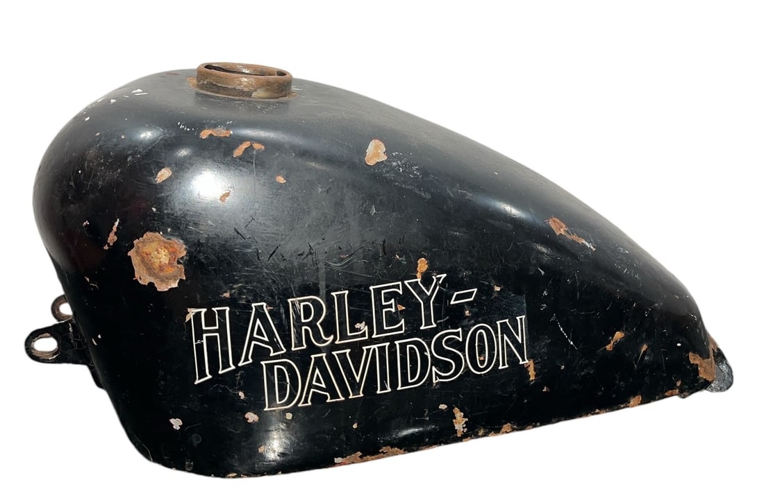 Vintage 1960's Teardrop Shape Motorcycle Gas Tank: Retains Harley Davidson Sticker detailing. 8" H x 9" W x 17" D.