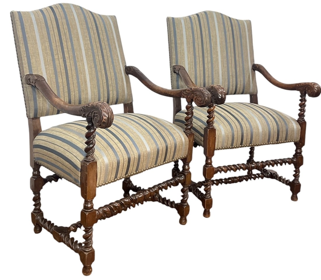 Pair Barley Twist Louis XIII Style Nailhead Trim Arm Chairs: 44" H to the back, 20" H to the seat x 26" W x 24" D. Pair of Barley Twist XIII Style Nailhead Trim Arm Chairs. Part of a curated collection from an estate designed by Michael Del Piero.