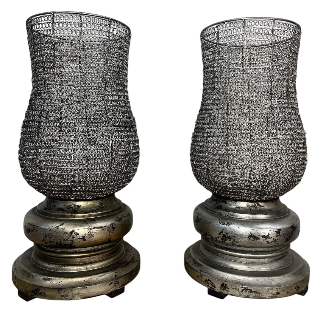 Pair of Statement Gilt Silver Metal & Wood Candle Holders: Both are 26" H x 12" DIA at base, 10.5" DIA on the top section.