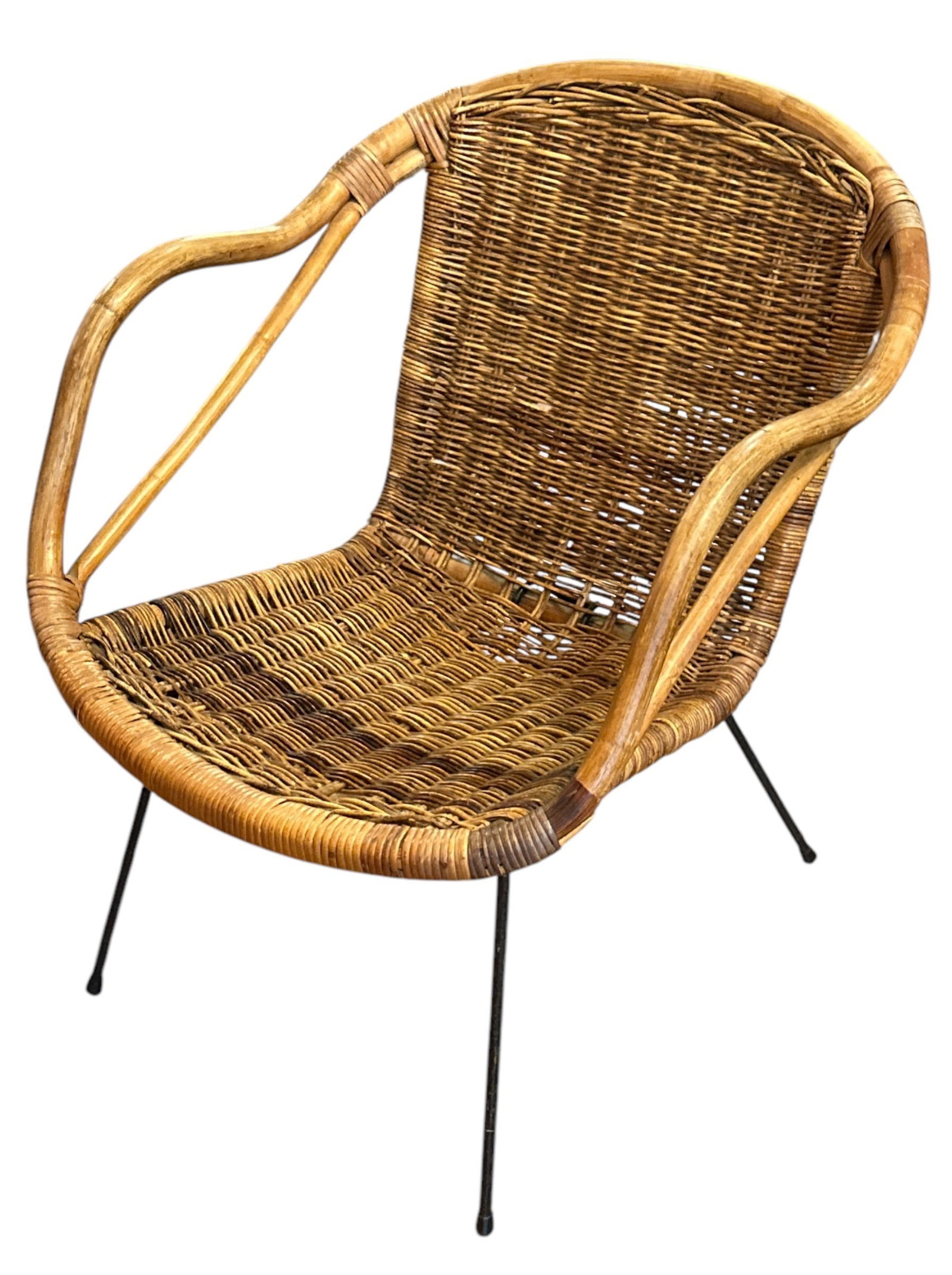 A French Mid Century Rattan Patio Chair: 26" H to back x 14" H to seat x 21" W x 24" D.