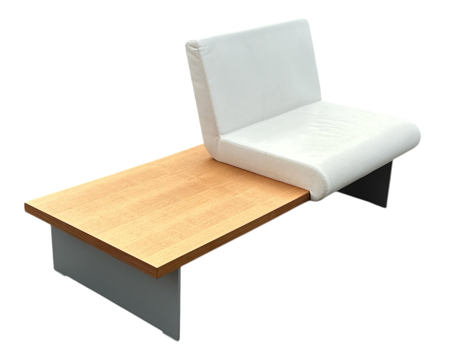 A Modernist Seated Platform Bench: 31.5" H to back, 16.5" H to seat, 12.25" H to the tabletop. Piece has total width of 63.25" W, tabletop measures 31.75" W, seat measures 31.5" W. Tabletop is 26.5" D, seat depth of 21". Davis Furnitur
