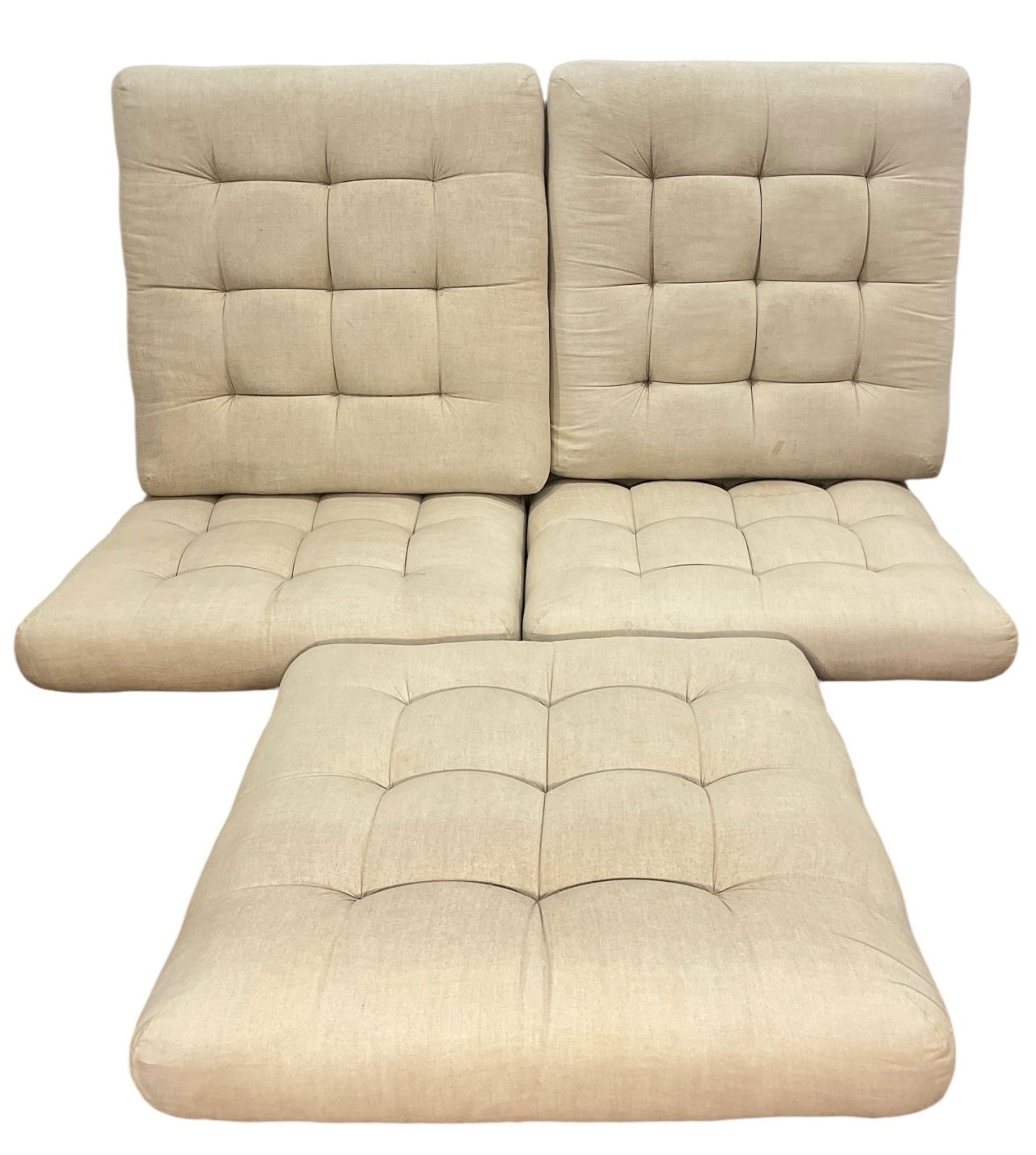 Five Mah Jong Style Mid Century Floor Cushions: All measure 37" x 37" x 6" thick. Part of a curated collection from an estate designed by Michael Del Piero.