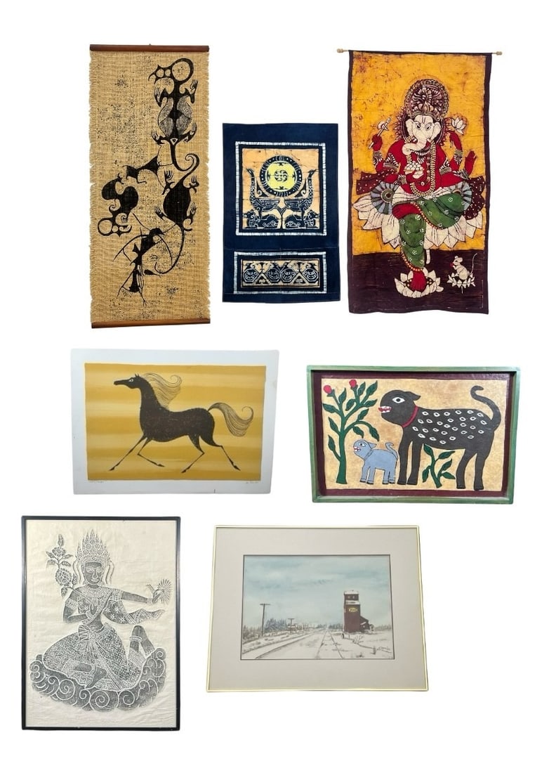 Large Collection of Global Tapestries and Artwork: The Ganesha tapestry is the largest of the three and measures 34.25" H x 22" W. The watercolor is signed Edna Sproule, 2007, titled "Elevator", and measures 16.25" H x 20.25" W in frame. Also includes