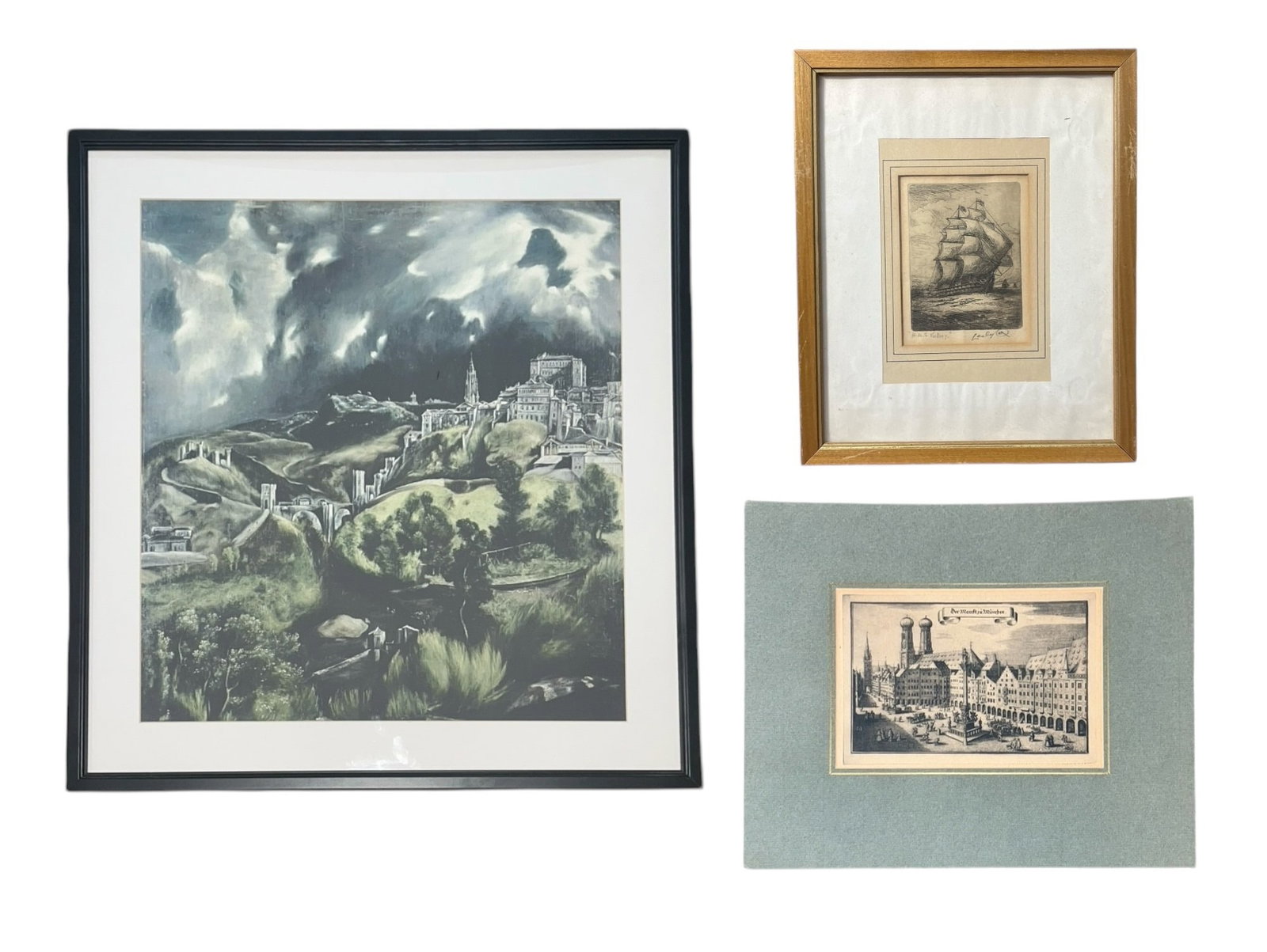 Collection of Greek, European Artwork: The largest piece is a reproduction print of "View of Toledo" by El Greco (Domenikos Theotokopoulos) and measures 32" H x 29" W. The HMS Victory sketch is signed Leslie and measures 11" H x 9" W. The 