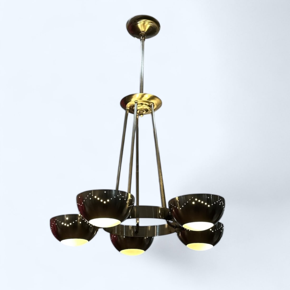 A Punched Chrome Chandelier, GINO SARFATTI Style: 35" drop from ceiling x 24" overall DIA.