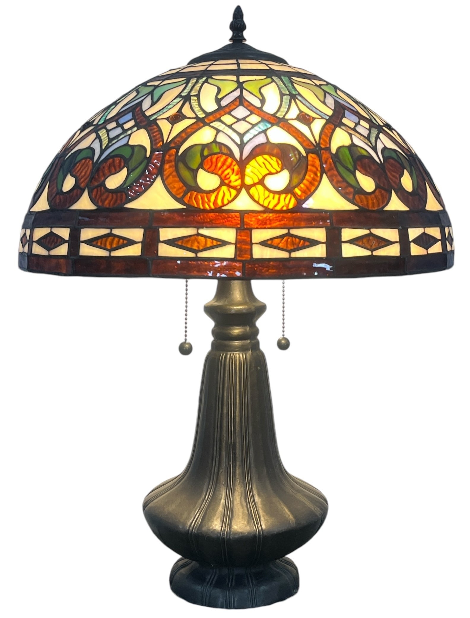 Arts & Crafts Stained Glass Lamp: 23" H to the finial x 16" shade DIA.