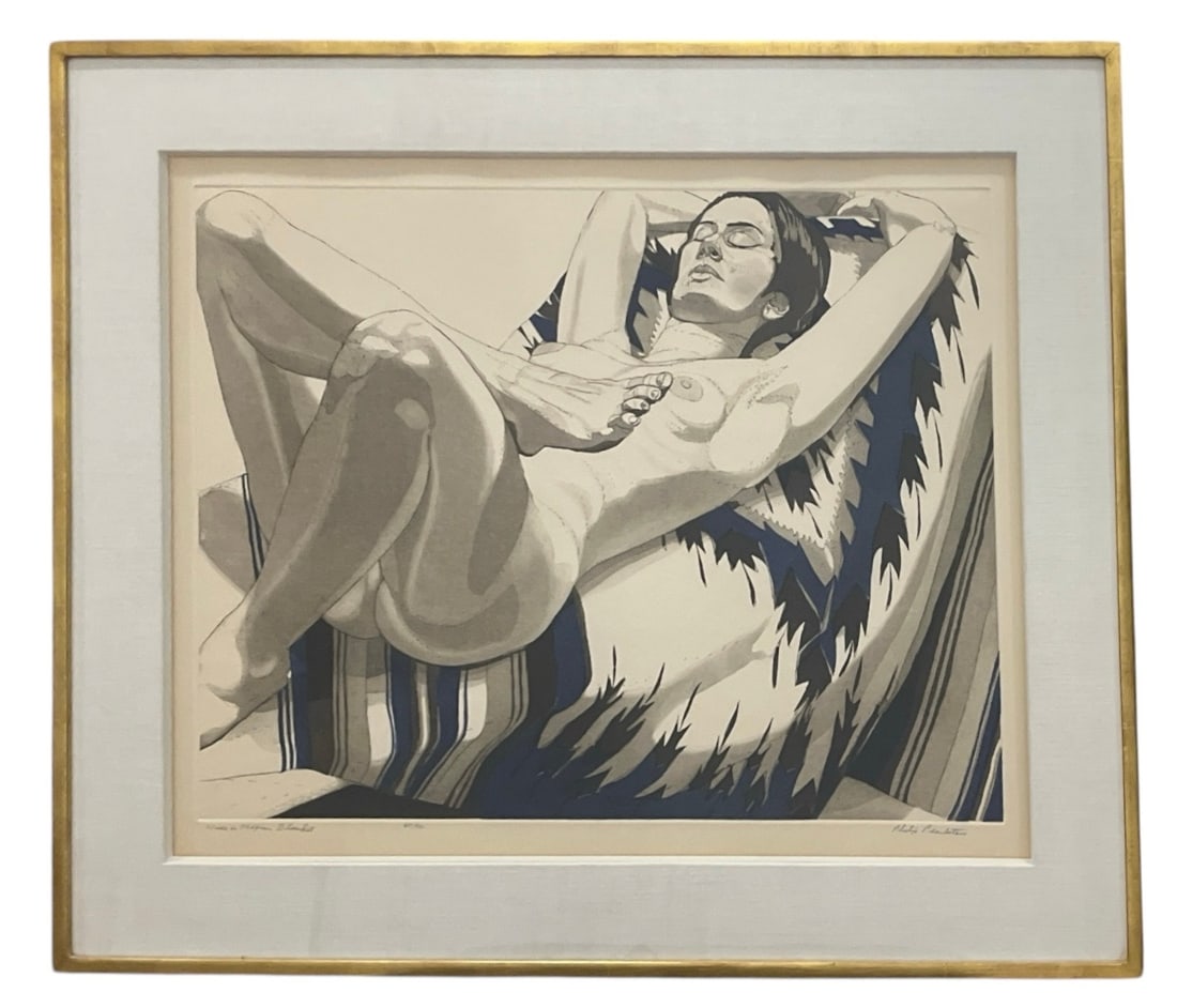 PHILIP PEARLSTEIN, "Nude on Mexican Blanket": American, 1924-2022. Etching, Aquatint. Number 67/72. In Frame: 26.75" H x 32" W x 1.75" D. Previously exhibited at Mildred Lane Kemper Art Museum in St. Louis, MO.