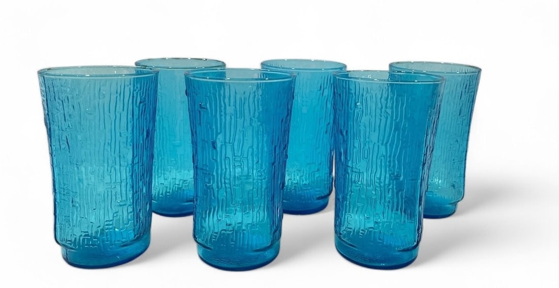 Set of 6 Mid Century LIBBEY Blue Bamboo Barware Glasses: 5" H x 3" DIA.
