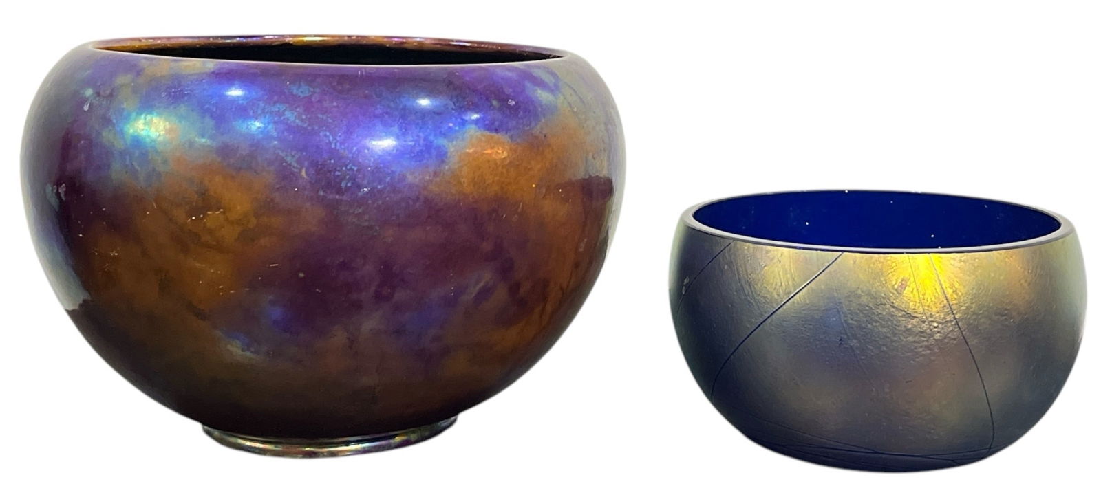 Two Iridescent RAKU Style Decorative Bowls, MASLACH: Larger bowl measures 6" H x 9.5" DIA overall, smaller bowl measures 3.5" H x 6.25" DIA and is signed Maslach and dated 1983.