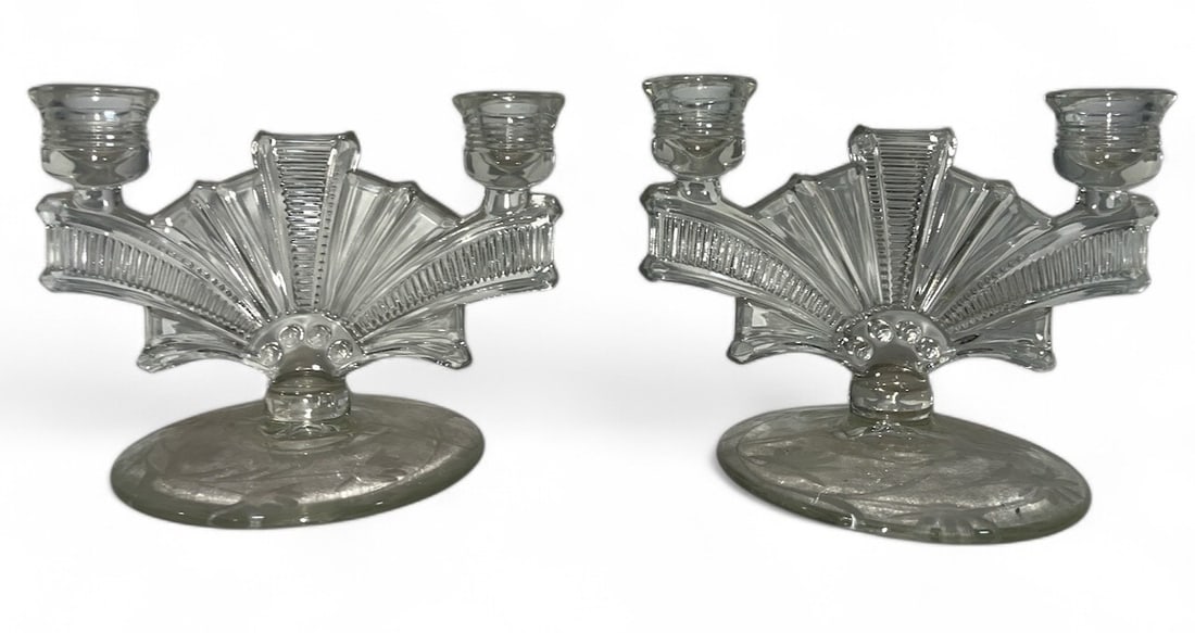 Pair Depression Glass Era Etched Glass Candleholders (1 of 4)