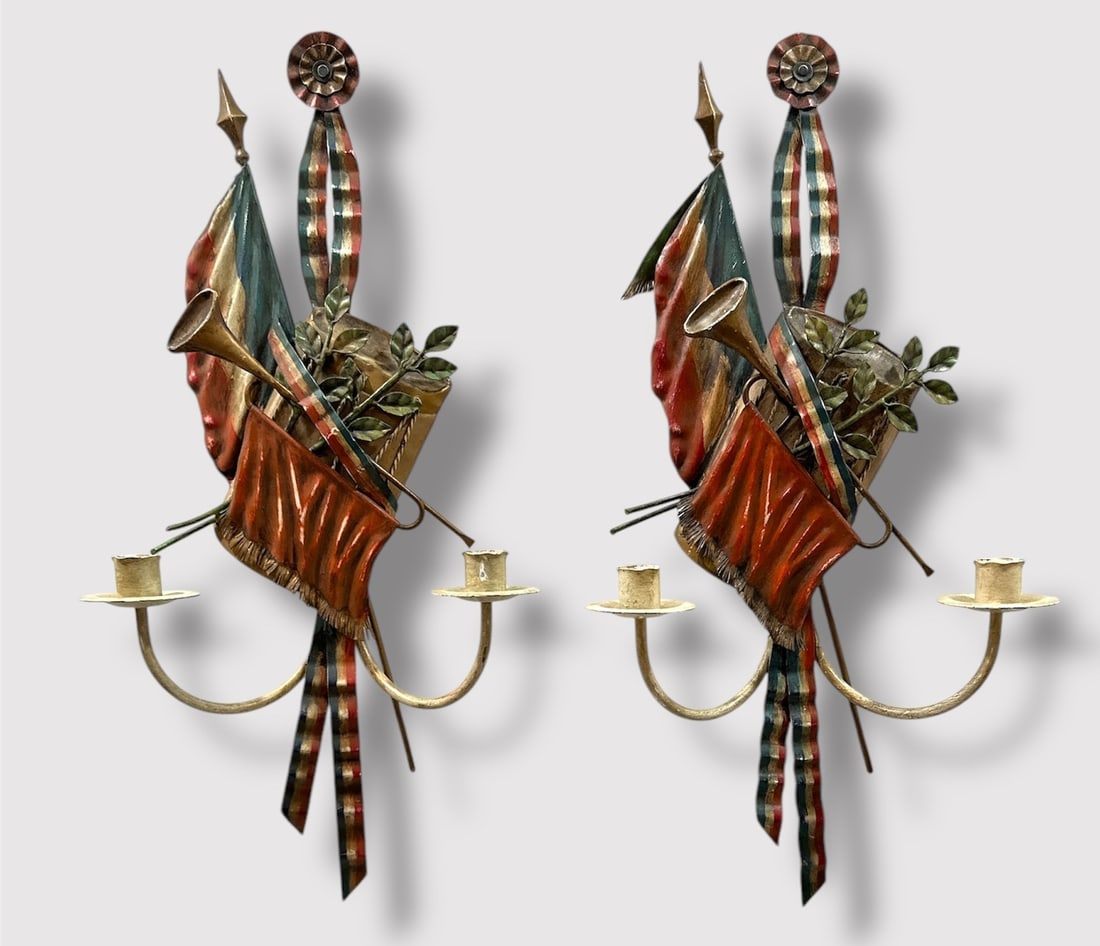 Vintage MOTTAHEDEH FRENCH Flag Tole Sconces, Italy (1 of 10)