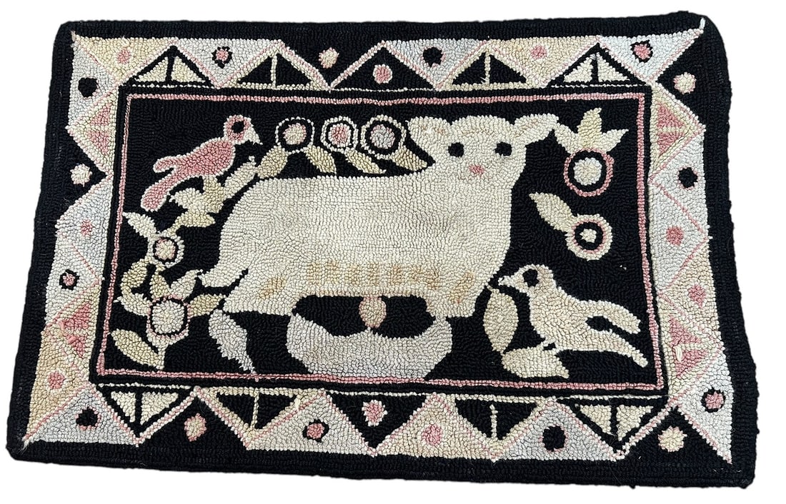 19th C Hook Rug Pictorial Folk Art Lamb Birds (1 of 2)