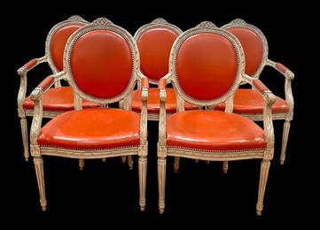 French Louis XVI Style Leather Dining Chairs, Set 5