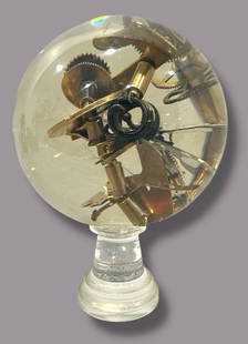 Vintage French PIERRE GIRAUDON Lucite Sculpture: Lucite sphere and stand, brass and metal clock parts. Clock Face, gears, springs and works suspended inside a lucite sphere. 8" H x 5.5" Diameter sphere x 2.5" H Stand