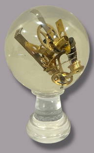 Vintage French PIERRE GIRAUDON Lucite Sculpture: Lucite sphere and stand, brass and metal clock parts. Clock gears, springs and works suspended inside a lucite sphere. 6" H x 3.75" Diameter sphere x 2.5" H Stand