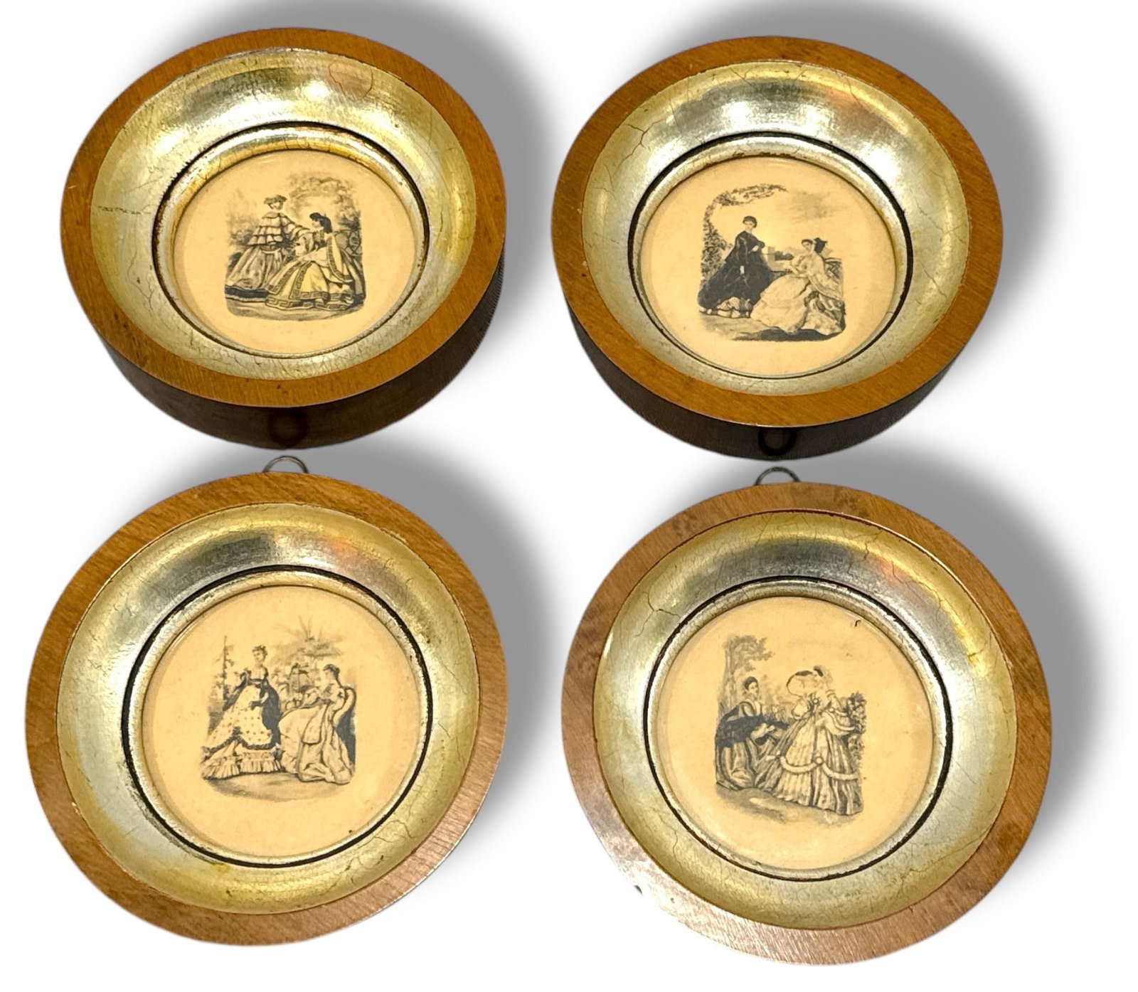 Set Miniature French 19th C Fashion Prints: all four in walnut and gold frames, 4.5 diameter 1" D