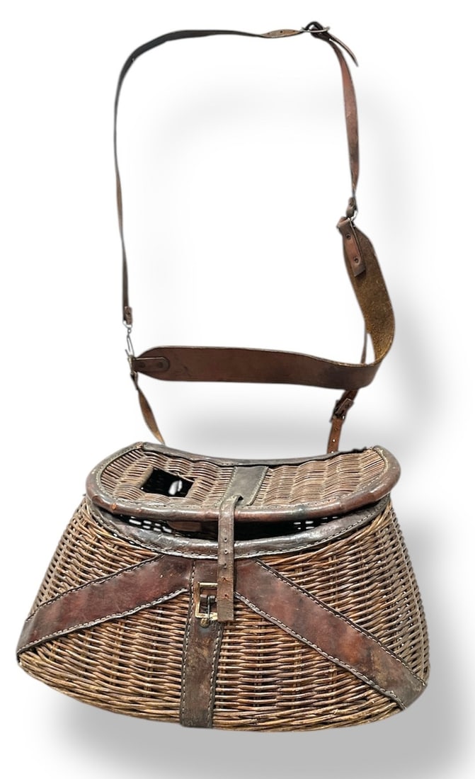 Antique Fishing Creel: Hand tooled leather & wicker. 9" H x 15" W x 9" D x 24" Drop